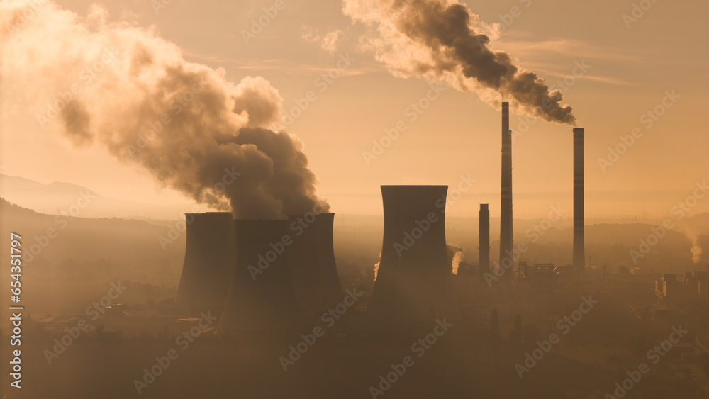 aerial view of coal fired power station and Combined cycle power plant at sunset, Pocerady, Czech republic - obrazy, fototapety, plakaty 