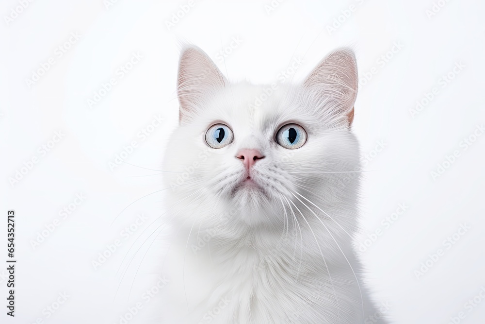 Portrait of a white cat with big eyes on a white background. Generative AI