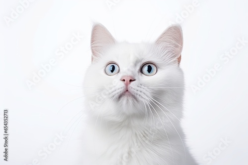 Portrait of a white cat with big eyes on a white background. Generative AI