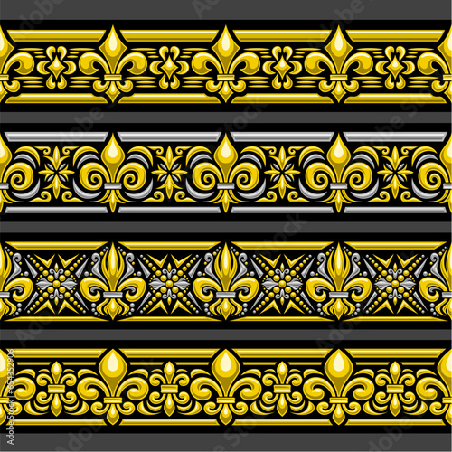Vector Fleur de Lis Ornament, seamless borders with illustration of silver and yellow fleur de lis patterns, horizontal repeating border with ornate geometric ornament on dark background for divider