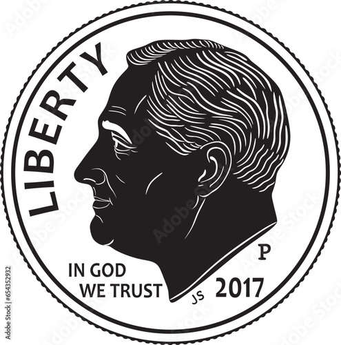 American one dime dollar coin 2017 vector design handmade silhouette.