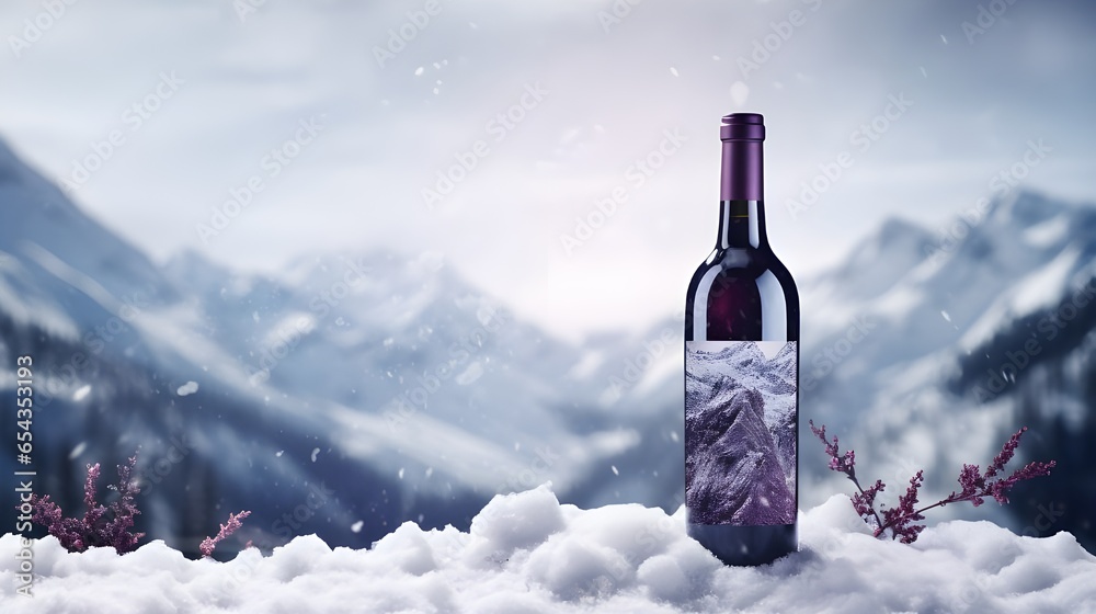 A bottle of wine on the snow with a winter mountains background. Banner with copy space. - obrazy, fototapety, plakaty 