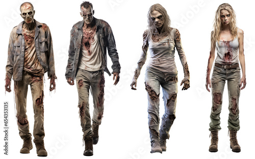collection of zombies full body, ripped clothes front view isolated on transparent background