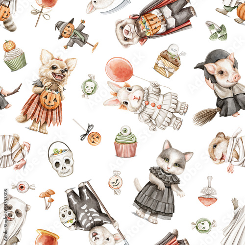 Canvas Print Seamless pattern with vintage variety set of halloween funny cute animals in scary costumes and variety of spooky objects isolated on white background