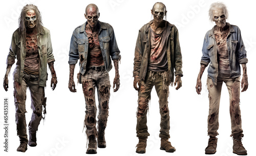 collection of zombies full body, ripped clothes front view isolated on transparent background photo