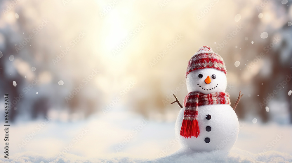 Snowman on winter landscape background. Merry Christmas and Happy New Year greeting card with copy-space.