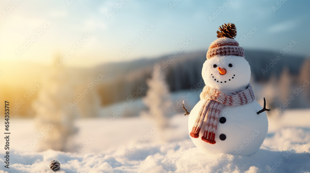 Obraz premium Snowman on winter landscape background. Merry Christmas and Happy New Year greeting card with copy-space.