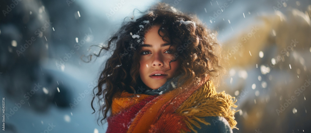 latina model with natural curls in a winter landscape - obrazy, fototapety, plakaty 