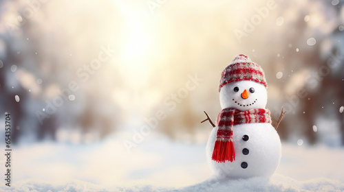Snowman on winter landscape background. Merry Christmas and Happy New Year greeting card with copy-space. © ShniDesign