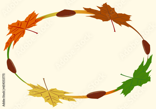 Marco elíptico otoñal con hojas de arce y castañas