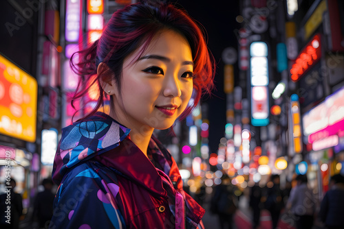Portrait of a beautiful young asian woman in the city at night