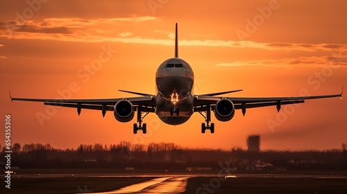 Plane flying towards the sunset