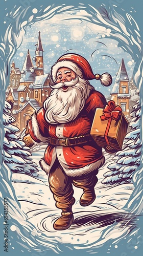 Santa Claus with a huge bag on the run to delivery christmas gifts at snow fall
