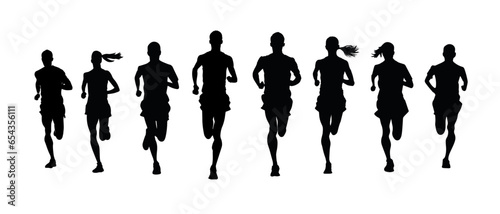 Running men and women, vector set of isolated silhouettes