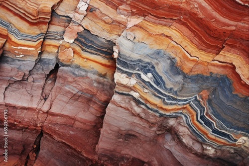 Close-Up of Fractured Red and Brown Rock Strata with Deformed Sedimentary Layers - Fault Lines and Colorful Layers in Sandstone photo