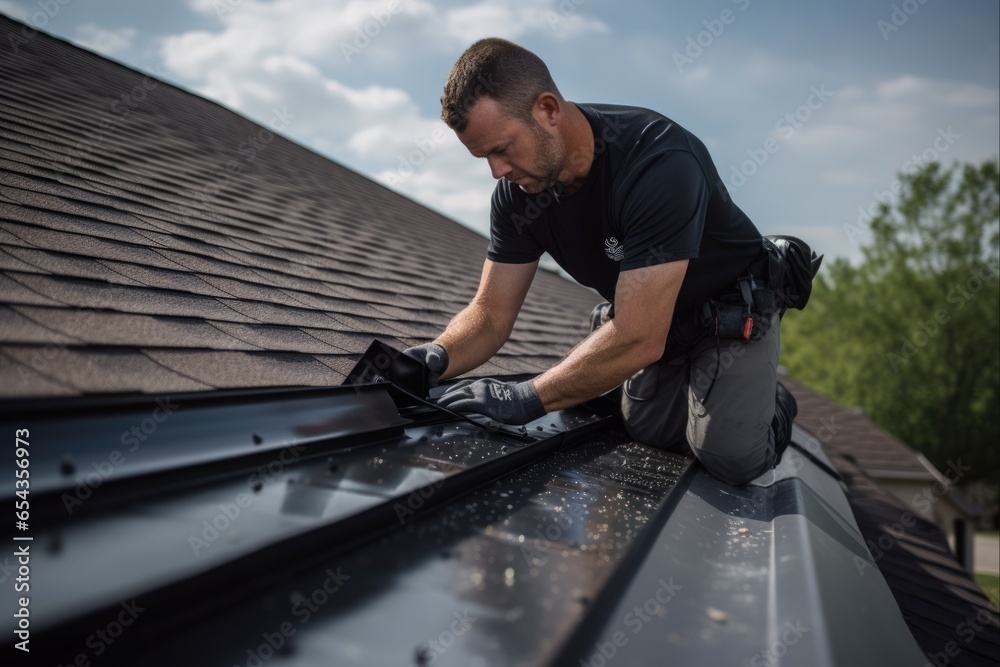 Installer Adjusting Gutter Guard on Rooftop Site with Professional Roofing Contractor Installer Adjusting Gutter Guard on Rooftop Site with Professional Roofing Contractor