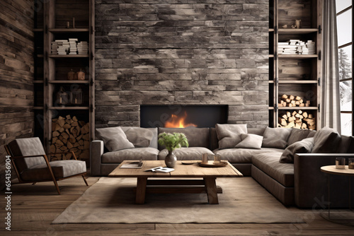 Living room featuring modern rustic interior design with relaxing sofa, wall, table, and classic decoration