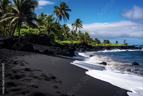 Explore the Exotic Beauty of Punaluu Black Sand Beach in Hawaii - A Colorful Cove with a Majestic Black Beach and Cloudy Coast for Hiking