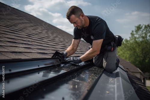 Installer Adjusting Gutter Guard on Rooftop Site with Professional Roofing Contractor photo
