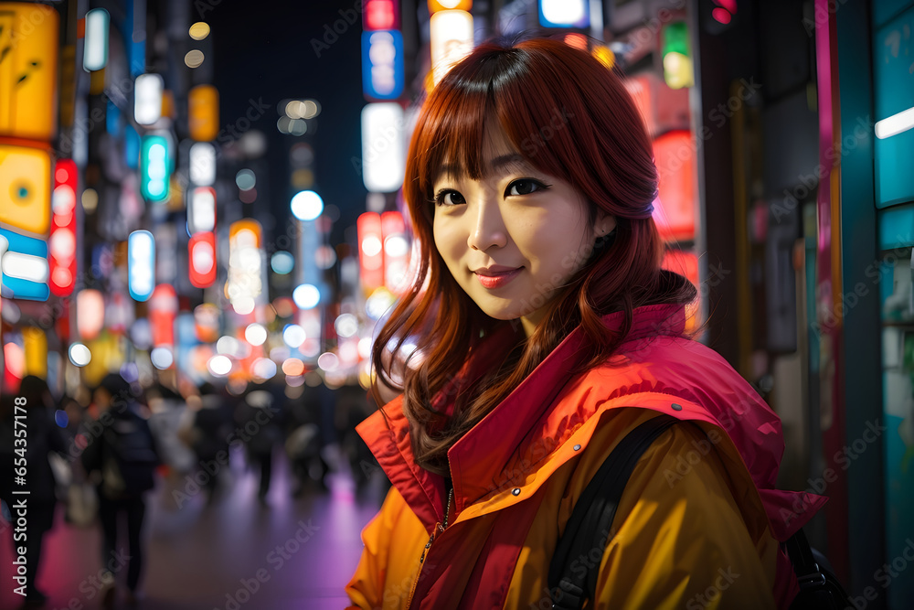 Portrait of a beautiful young asian woman in the city at night