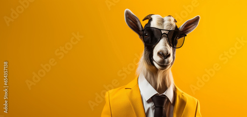 Goat wearing glasses and suit for office style or business against a yellow background