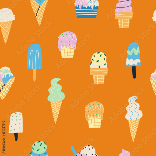 Seamless pattern with ice cream in flat style. Vector illustration. Pattern for fabric  paper  etc.