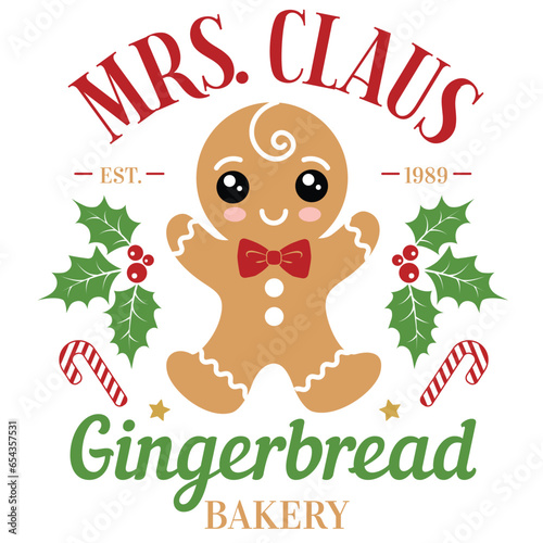 Mrs. Claus gingerbread bakery vector illustration with cute boy ginger men. Christmas design isolated good for Xmas greetings cards, poster, print, sticker, invitations, baby t-shirt, mug, gifts.