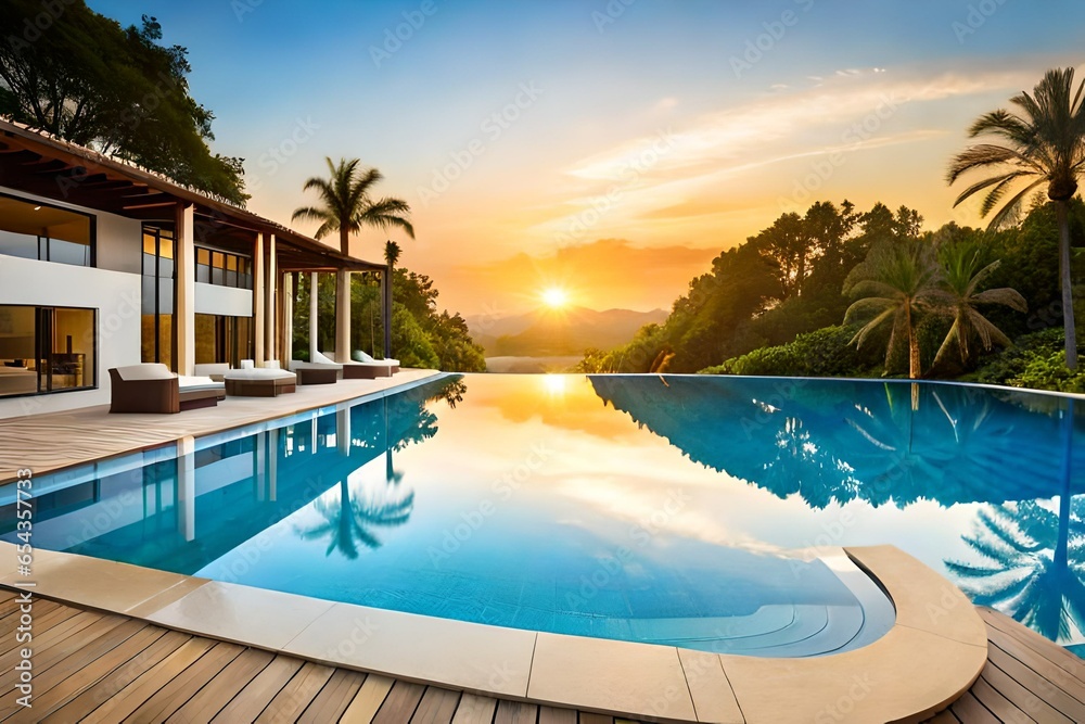 A pristine swimming pool surrounded by lush tropical greenery, with crystal-clear water reflecting the vibrant blue sky above and a row of sun loungers on the pool deck