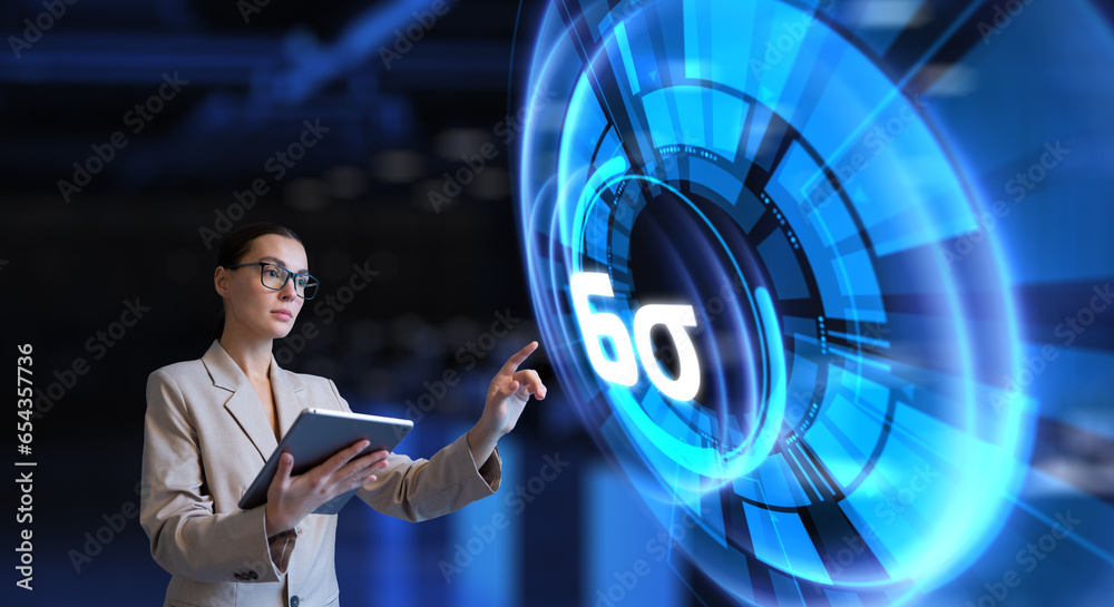 SIx sigma business technology quality control. Woman pressing button on virtual screen.
