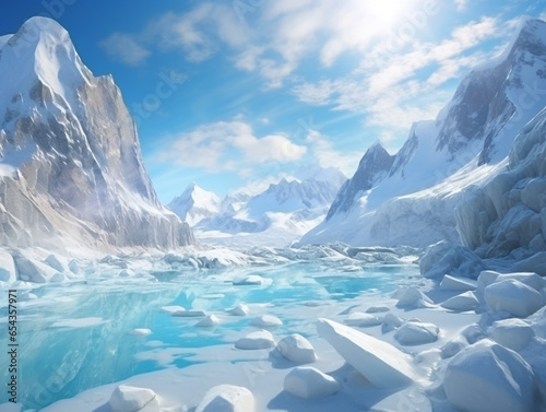 Illustration of a landscape of rivers and mountains covered with ice and snow. On a sunny day and a blue sky.
