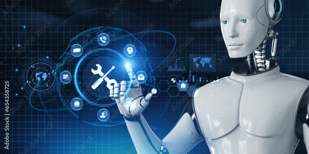 Fototapeta premium Support customer service automation. Robot pressing button on screen 3d render.