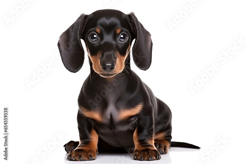 1 year old sausage dog sitting on white background