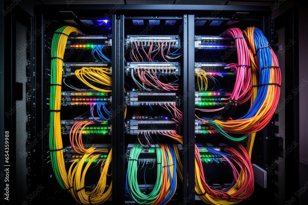 A multitude of UTP and Ethernet cables are organized in a rack cabinet in the data center stemming from a patch panel in the server rack - obrazy, fototapety, plakaty 