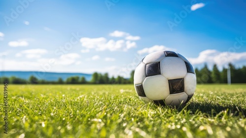 A soccer ball lies on the green grass