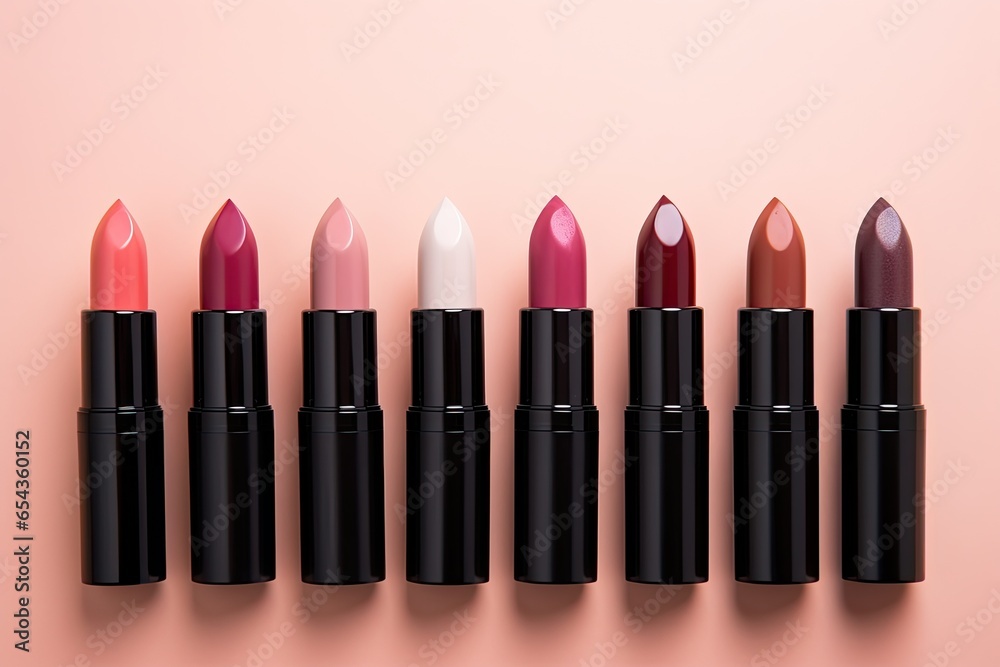 Obraz premium A sequence of six diverse lipstick shades on display alongside a collection of makeup artist supplies and beauty products