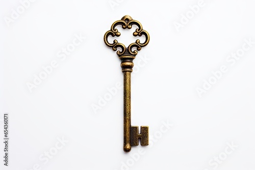 A solitary aged brass key on a white backdrop