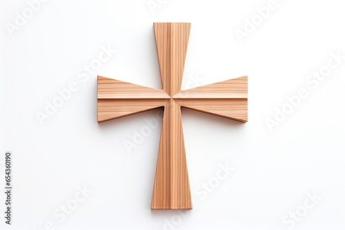 A solitary wooden cross on white background