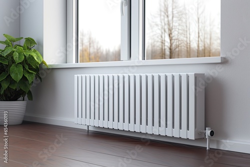 A steel radiator is positioned under a windowsill on a white wall photo