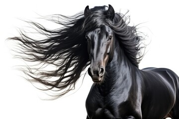 A white background portrait of a black stallion with a long mane in motion
