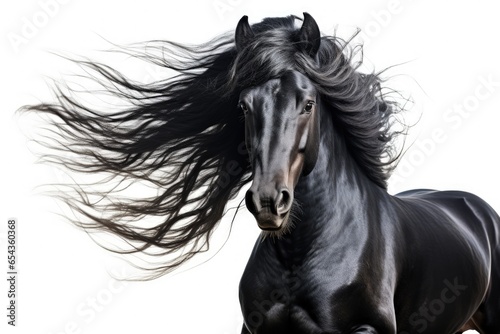 A white background portrait of a black stallion with a long mane in motion photo