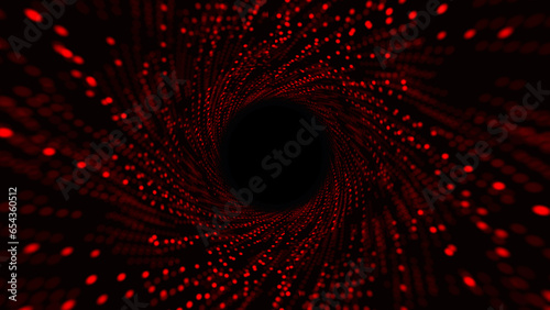 Abstract 3d red color circle tunnel or wormhole. Digital background with connected green dots. 3d rendering. photo