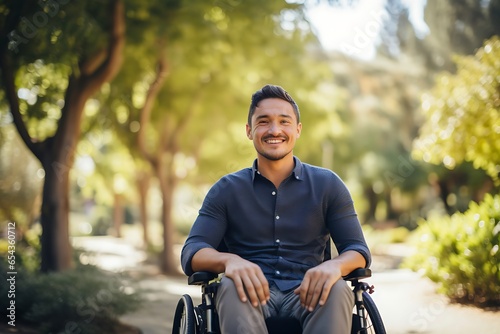 A beautiful young man with a radiant smile, gracefully seated in a sleek, modern wheelchair, navigates through a lush, serene park, representing independence, resilience, and the beauty of diversity