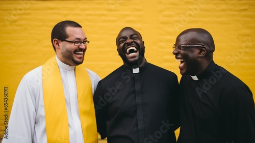 Three Catholic men friends smiling and laughing together, dressed in color, against a colorful background of yellow, blue, orange, green, and red photo