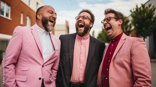 Three Catholic men friends smiling and laughing together, dressed in color, against a colorful background of yellow, blue, orange, green, and red photo