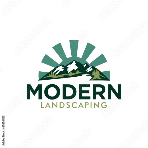 landscape hills and mountains sunrise with pine trees and river creek simple logo design inspiration