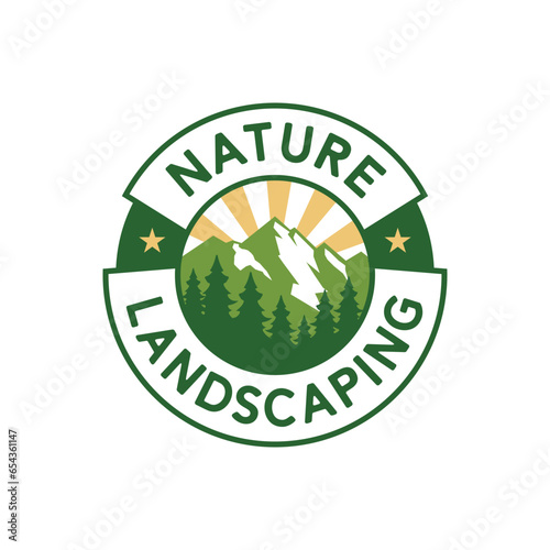 nature landscaping mountain view with shining sun and pine trees, simple logo design Inspiration