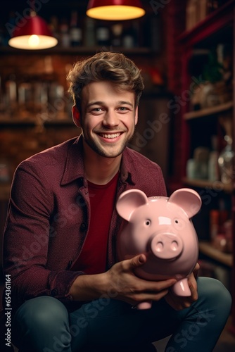 A blissful man in a cozy indoor setting, tightly holds a piggy bank with a gleeful expression, illustrating financial stability and the joy of saving