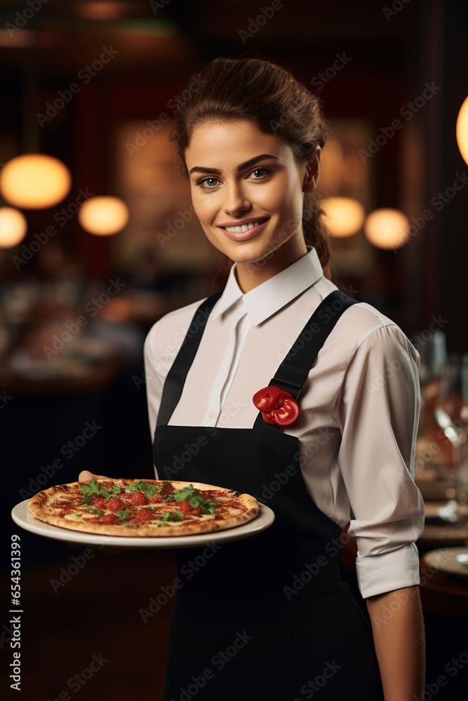 An approachable and joyful waitress, her smile bright and welcoming, holds a freshly baked, aromatic pizza in a bustling, vibrant restaurant, representing friendly service and appetizing, gourmet food