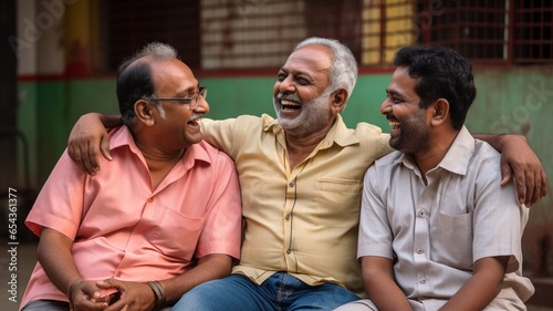 Three Indian men friends smiling and laughing together, dressed in color, against a colorful background of yellow, blue, orange, green, and red