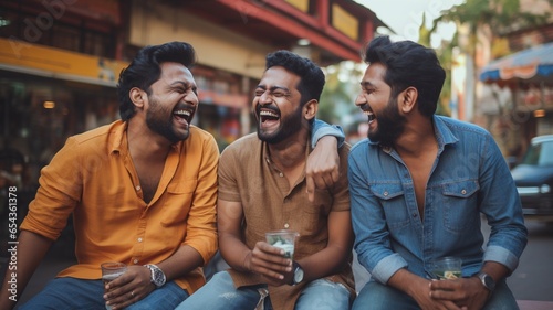 Three Indian men friends smiling and laughing together, dressed in color, against a colorful background of yellow, blue, orange, green, and red photo